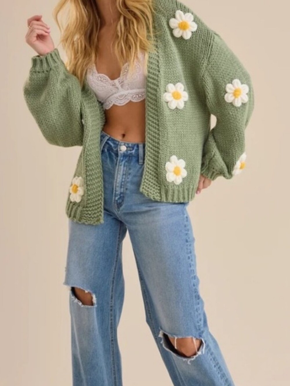 SHEIN Sage Green Daisy Appliqué Cropped Cardigan